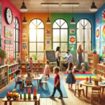 Preschool near me - colorful classroom with children playing and learning activities.